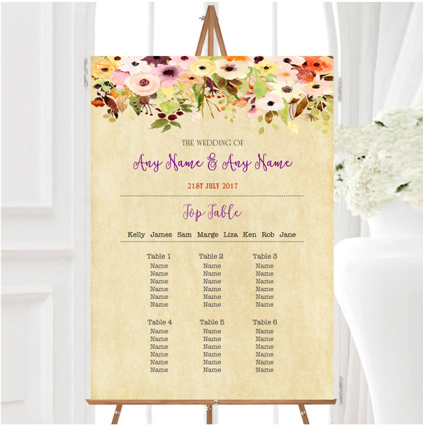 Vintage Spring Watercolour Personalised Wedding Seating Table Plan