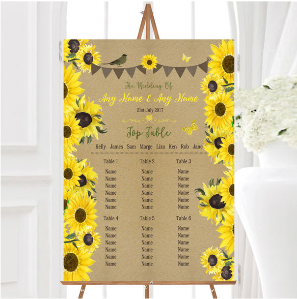 Rustic Sunflowers Vintage Personalised Wedding Seating Table Plan