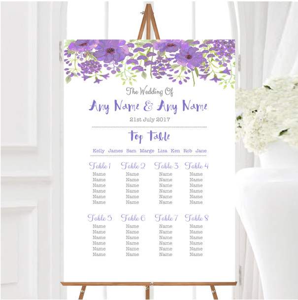 Watercolour Floral Purple Personalised Wedding Seating Table Plan