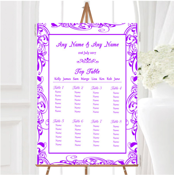 White & Purple Swirl Deco Personalised Wedding Seating Table Plan