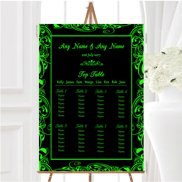 Black & Green Swirl Deco Personalised Wedding Seating Table Plan