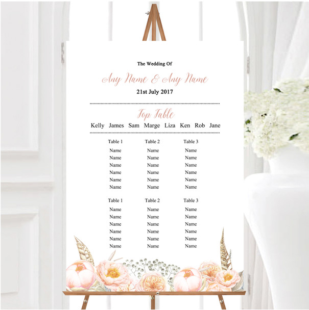 Coral Pink Peach Peonies Personalised Wedding Seating Table Plan