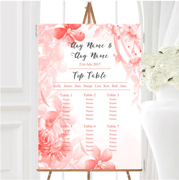 Coral Watercolour Floral Personalised Wedding Seating Table Plan