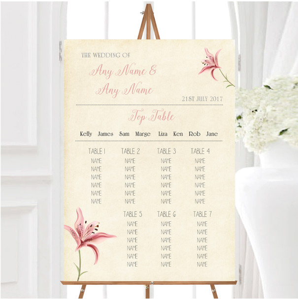 Coral Pink Lily Vintage Personalised Wedding Seating Table Plan