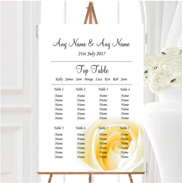 Pale Lemon Yellow Rose Personalised Wedding Seating Table Plan