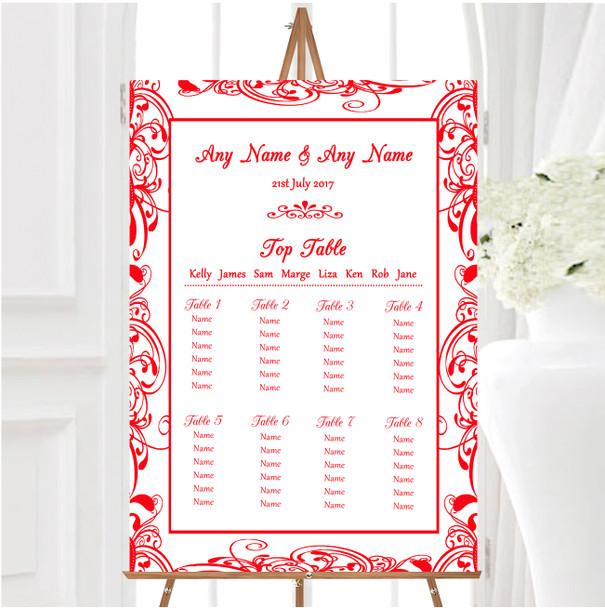 White & Red Swirl Deco Personalised Wedding Seating Table Plan