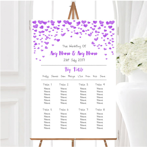 Purple Heart Confetti Personalised Wedding Seating Table Plan