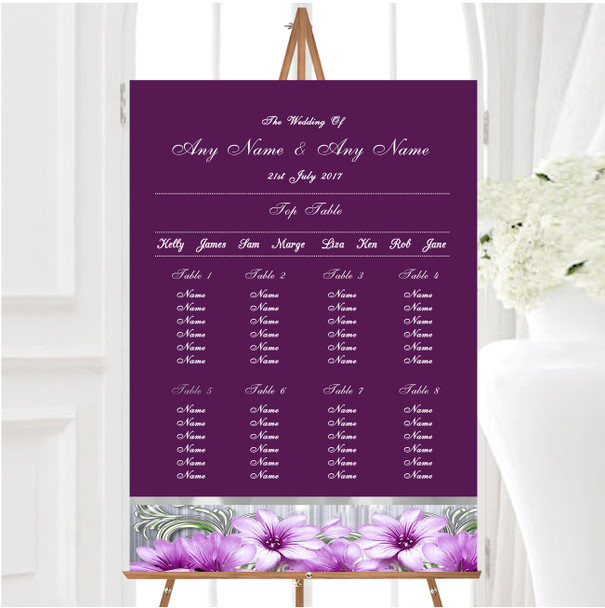 Purple Heart Flowers Personalised Wedding Seating Table Plan