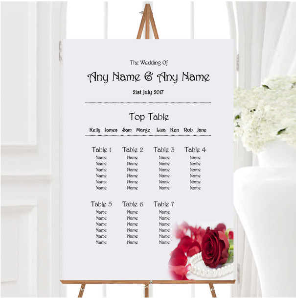 White Pearl Red Rose Personalised Wedding Seating Table Plan