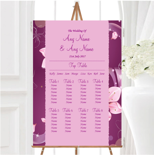Purple Pink Flowers Personalised Wedding Seating Table Plan