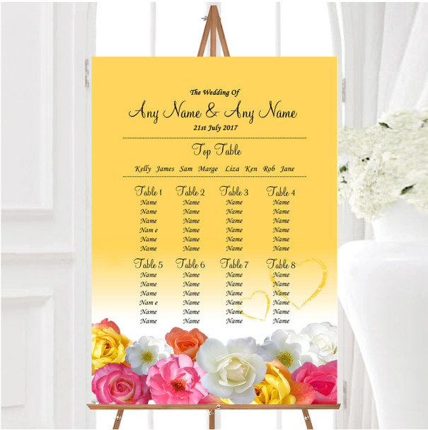 Yellow Pink Flowers Personalised Wedding Seating Table Plan