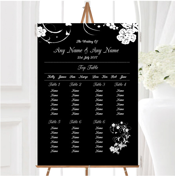 Black White Floral Personalised Wedding Seating Table Plan