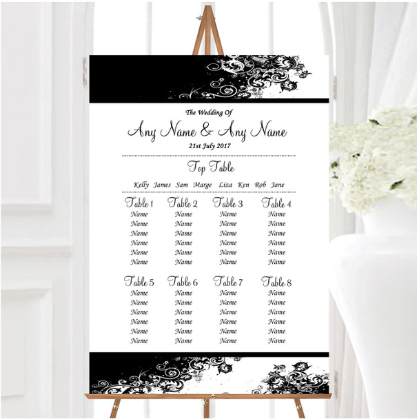 Black White Swirls Personalised Wedding Seating Table Plan