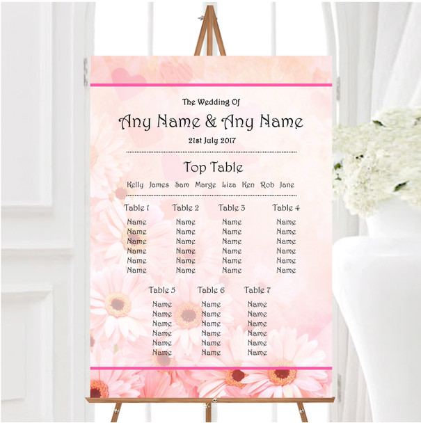 Pink Flower Hearts Personalised Wedding Seating Table Plan