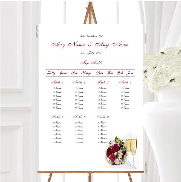 Red Rose Champagne Personalised Wedding Seating Table Plan