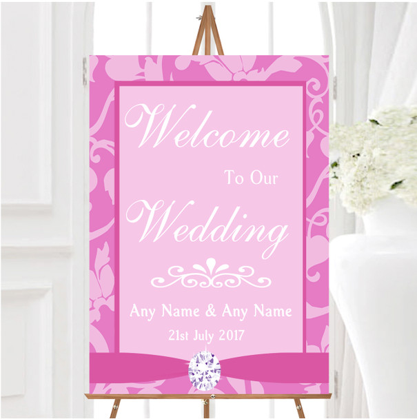 Dusty Pale Baby Rose Pink Floral Damask Diamante Welcome Wedding Sign