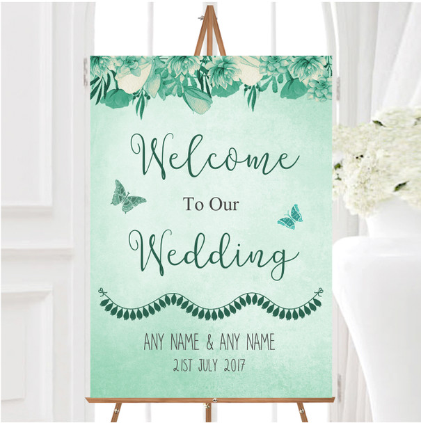Pale Teal Mint Green Vintage Watercolour Floral Welcome Wedding Sign