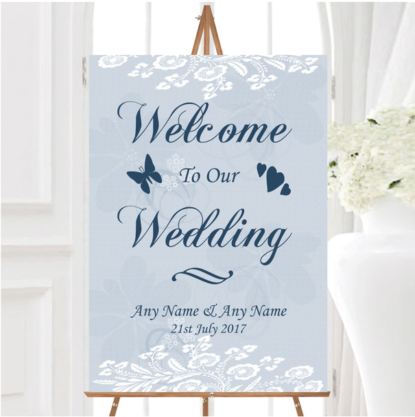 Vintage Lace Pale Blue Chic Personalised Any Wording Welcome To Our Wedding Sign