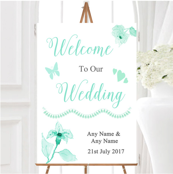 Beautiful Aqua Mint Green Watercolour Flowers Personalised Welcome Wedding Sign