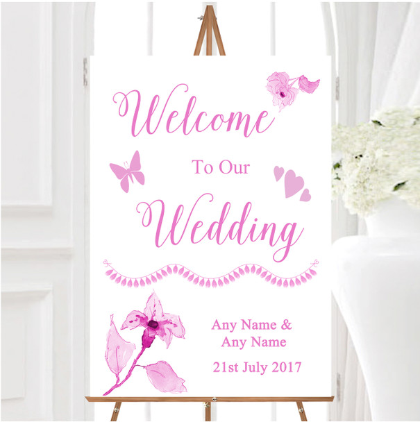 Beautiful Dusty Rose Pink Watercolour Flowers Personalised Welcome Wedding Sign