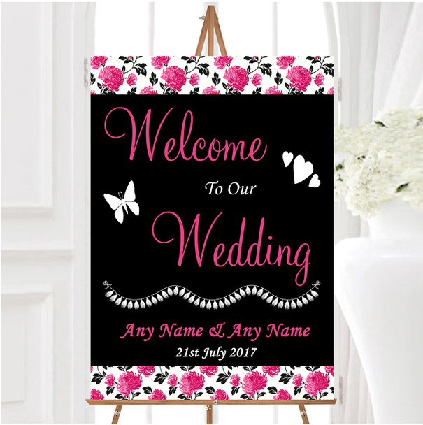 Beautiful Pink Black And White Floral Vintage Personalised Welcome Wedding Sign