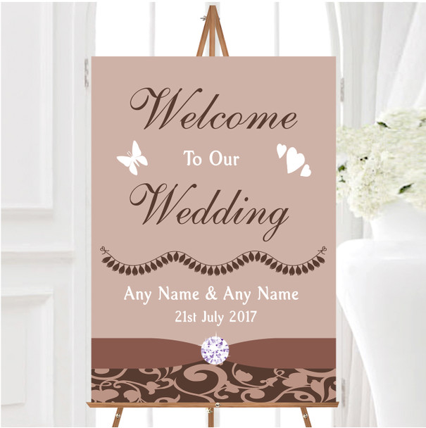 Brown And Fawn Vintage Floral Damask Diamante Personalised Welcome Wedding Sign