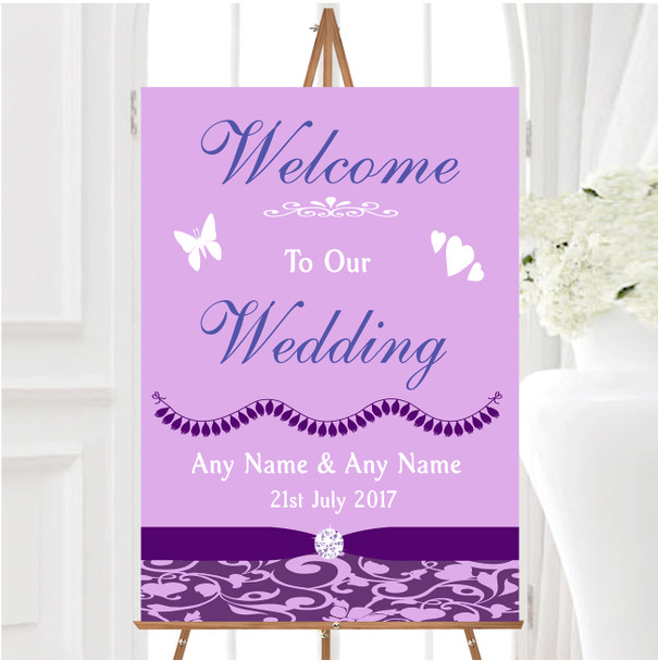 Cadbury Purple Vintage Floral Damask Diamante Personalised Welcome Wedding Sign