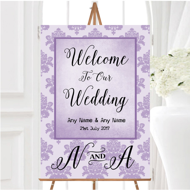 Vintage Damask Initials Lilac Purple Personalised Any Text Welcome Wedding Sign