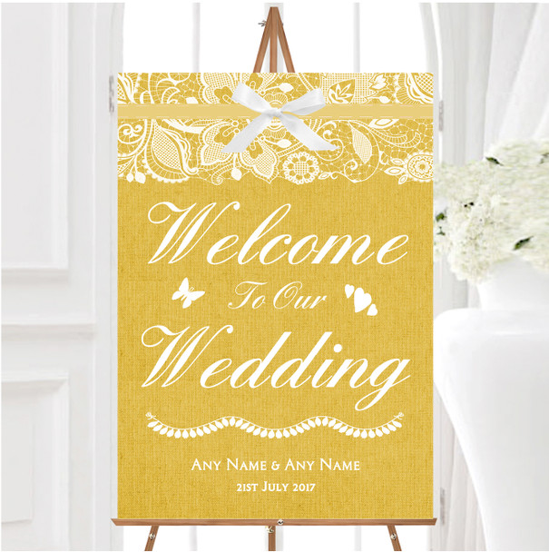Vintage Golden Yellow Burlap Lace Personalised Any Wording Welcome Wedding Sign