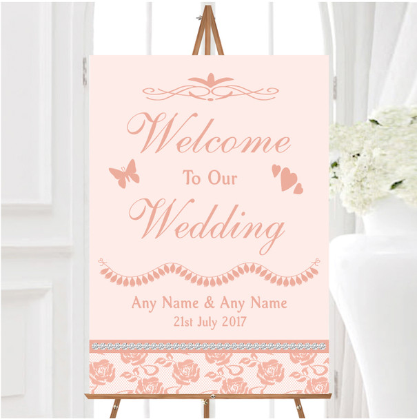 Pretty Pale Coral Floral Diamante Personalised Any Wording Welcome Wedding Sign