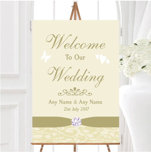 Cream Pale Gold Beige Floral Damask Diamante Personalised Welcome Wedding Sign
