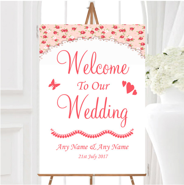 Red And Coral Pink Floral Shabby Chic Chintz Personalised Welcome Wedding Sign