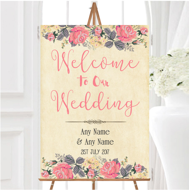 Vintage Coral Pink Rose Watercolour Personalised Any Text Welcome Wedding Sign