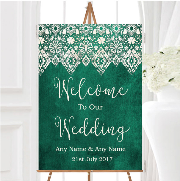 Teal Green Old Paper Lace Effect Personalised Any Wording Welcome Wedding Sign