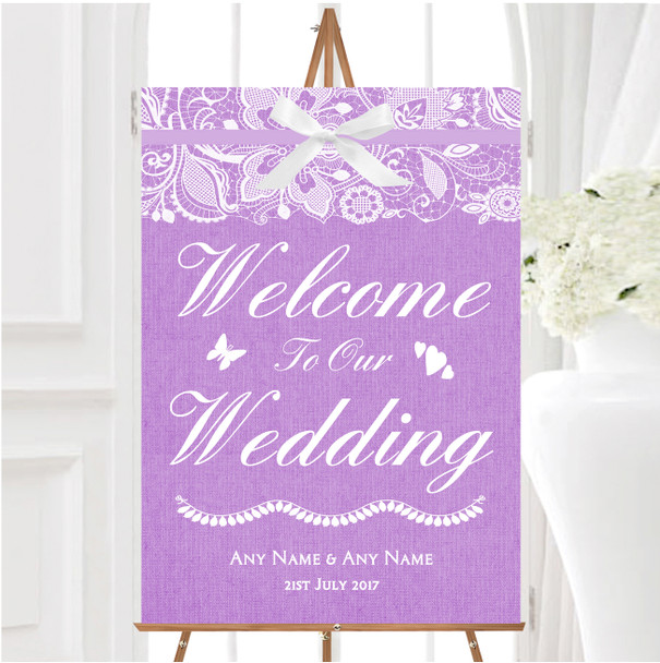 Vintage Lilac Purple Burlap Lace Personalised Any Wording Welcome Wedding Sign