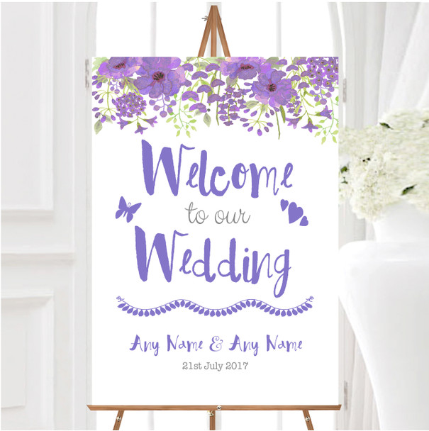 Watercolour Floral Purple Personalised Any Wording Welcome To Our Wedding Sign