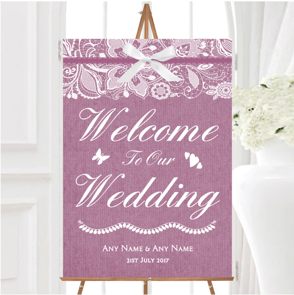 Vintage Plum Purple Burlap Lace Personalised Any Wording Welcome Wedding Sign Vintage Plum Purple Burlap Lace Personalised Any Wording Welcome Wedding Sign