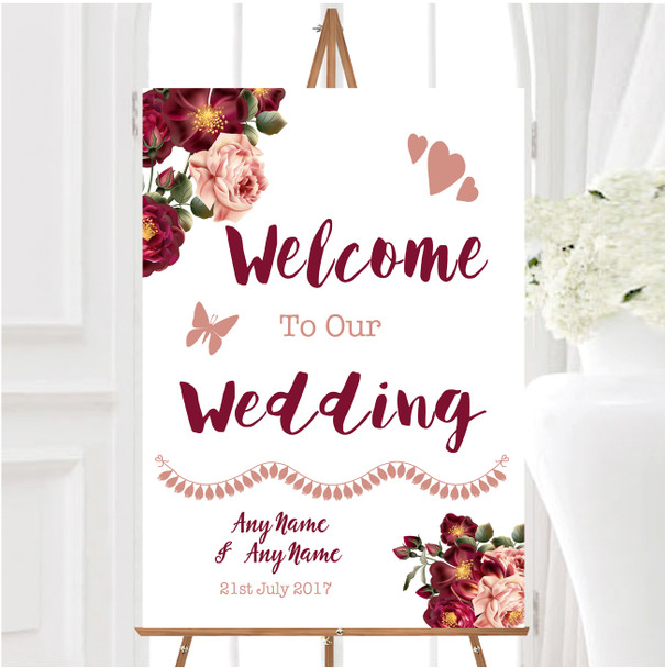 Blush Coral Pink Deep Red Watercolour Rose Personalised Welcome Wedding Sign