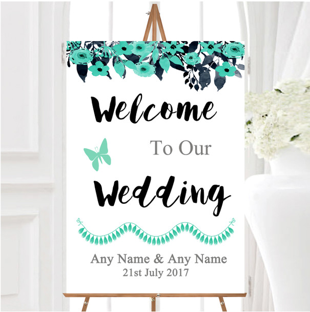 Watercolour Black Aqua Green Floral Header Personalised Welcome Wedding Sign