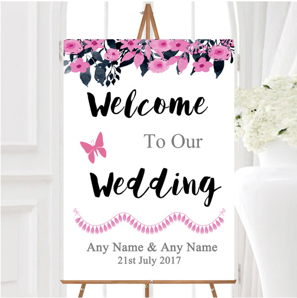 Watercolour Black Dusty Pink Floral Header Personalised Welcome Wedding Sign