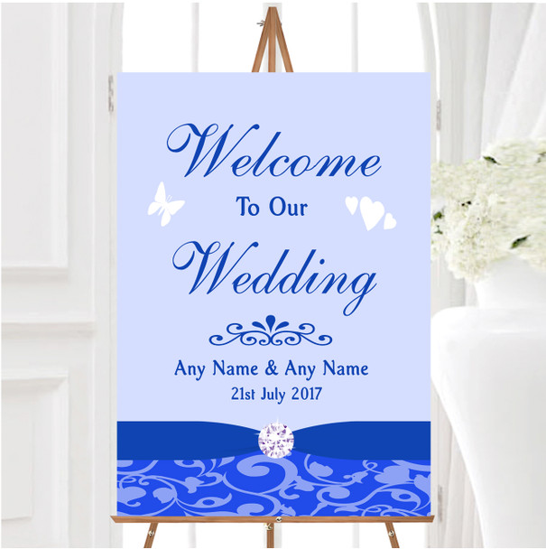 Cobalt Blue Vintage Floral Damask Diamante Personalised Welcome Wedding Sign