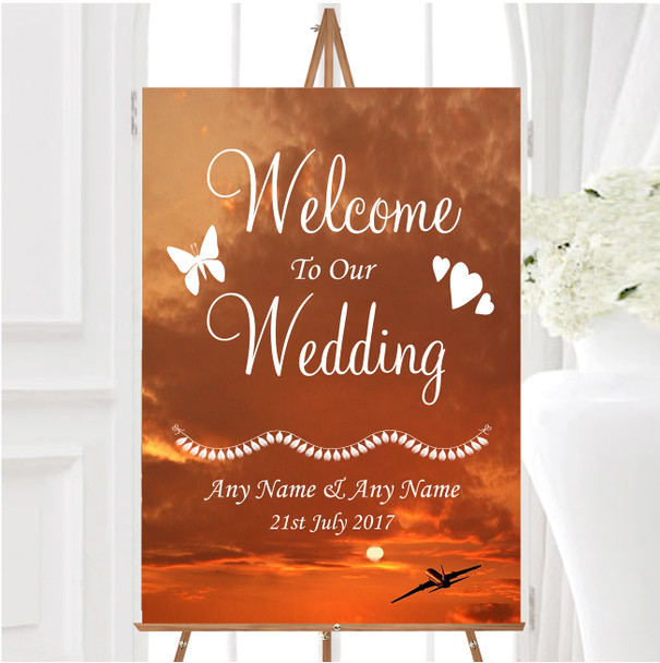 Plane In The Sky Sunset Jetting Off Abroad Personalised Welcome Wedding Sign