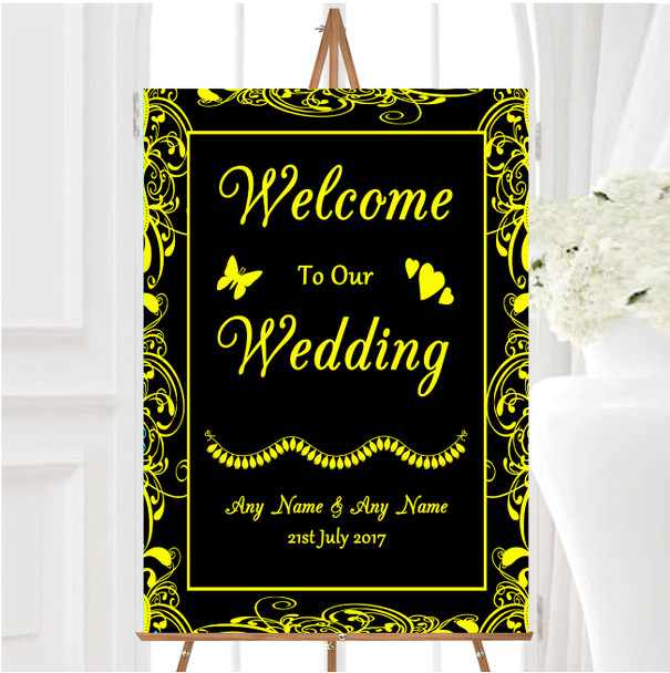 Black Yellow Swirl Deco Personalised Any Wording Welcome To Our Wedding Sign