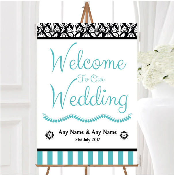 Damask And Aqua Stripes Personalised Any Wording Welcome To Our Wedding Sign