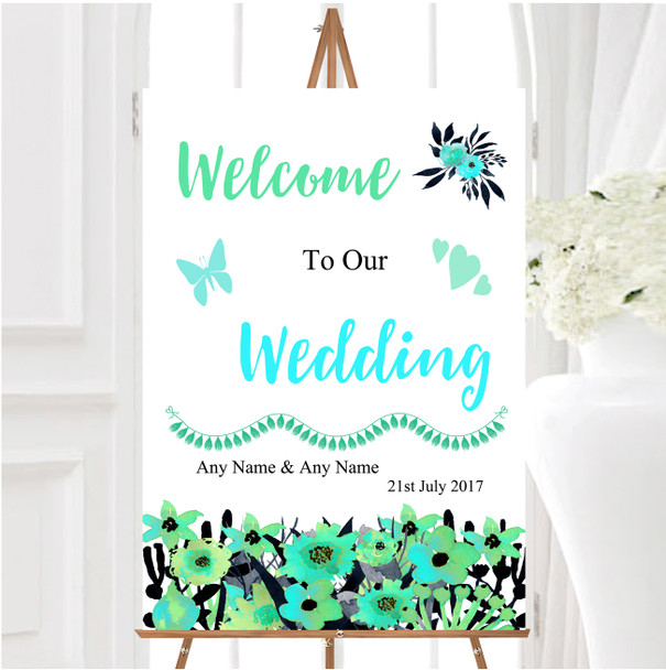 Black Aqua Mint Green Watercolour Flowers Personalised Welcome Wedding Sign