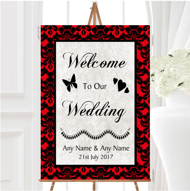 Deep Red Black Damask Diamond Personalised Any Wording Welcome Wedding Sign