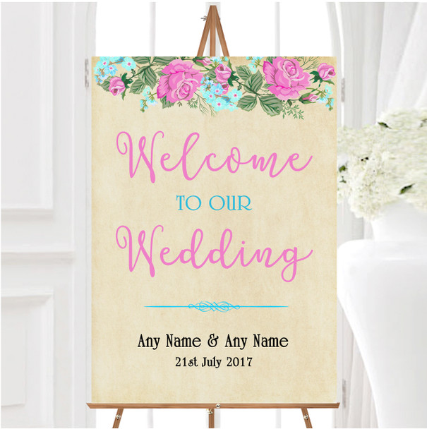 Vintage Pink Blue Watercolour Personalised Any Wording Welcome Wedding Sign