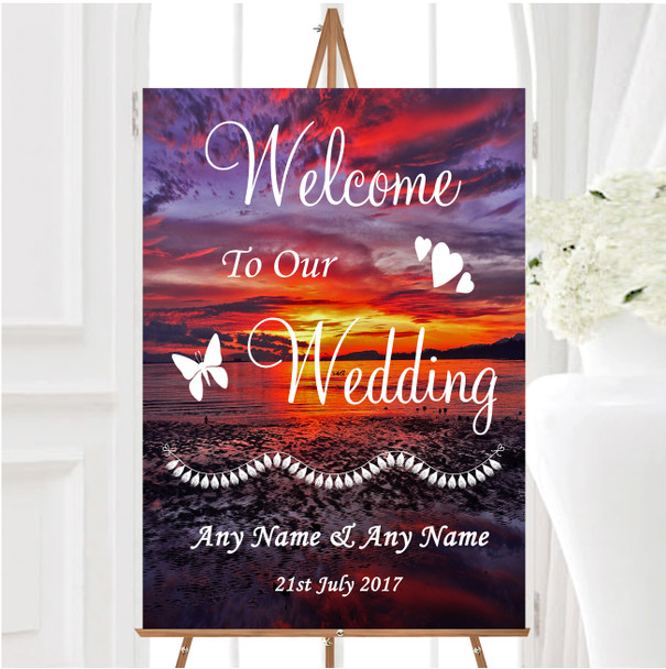 Beautiful Purple Sunset Beach Personalised Any Wording Welcome Wedding Sign