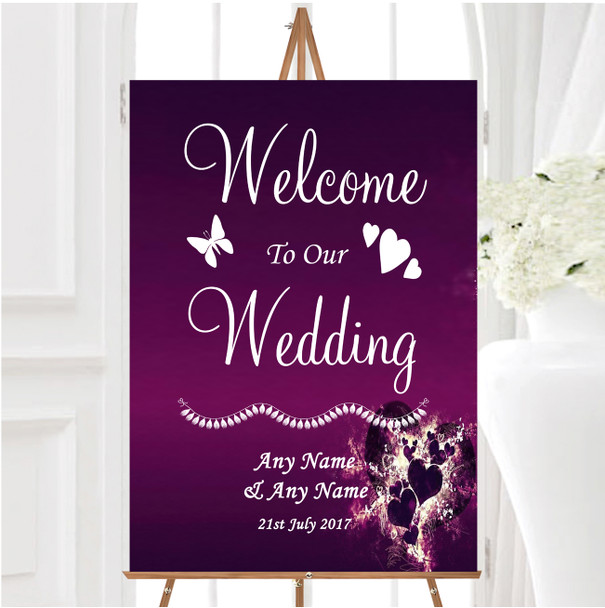 Purple Hearts Romantic Personalised Any Wording Welcome To Our Wedding Sign