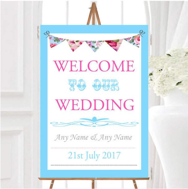 Blue Pink Bunting Shabby Chic Tea Garden Personalised Welcome Wedding Sign